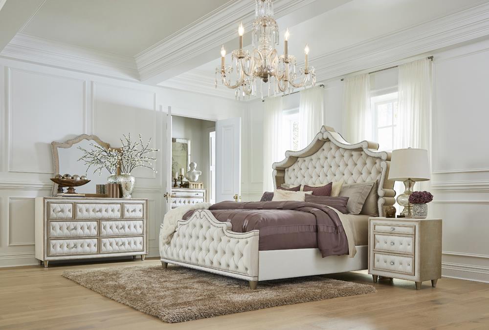 Antonella Upholstered Tufted Queen Bed Ivory and Camel