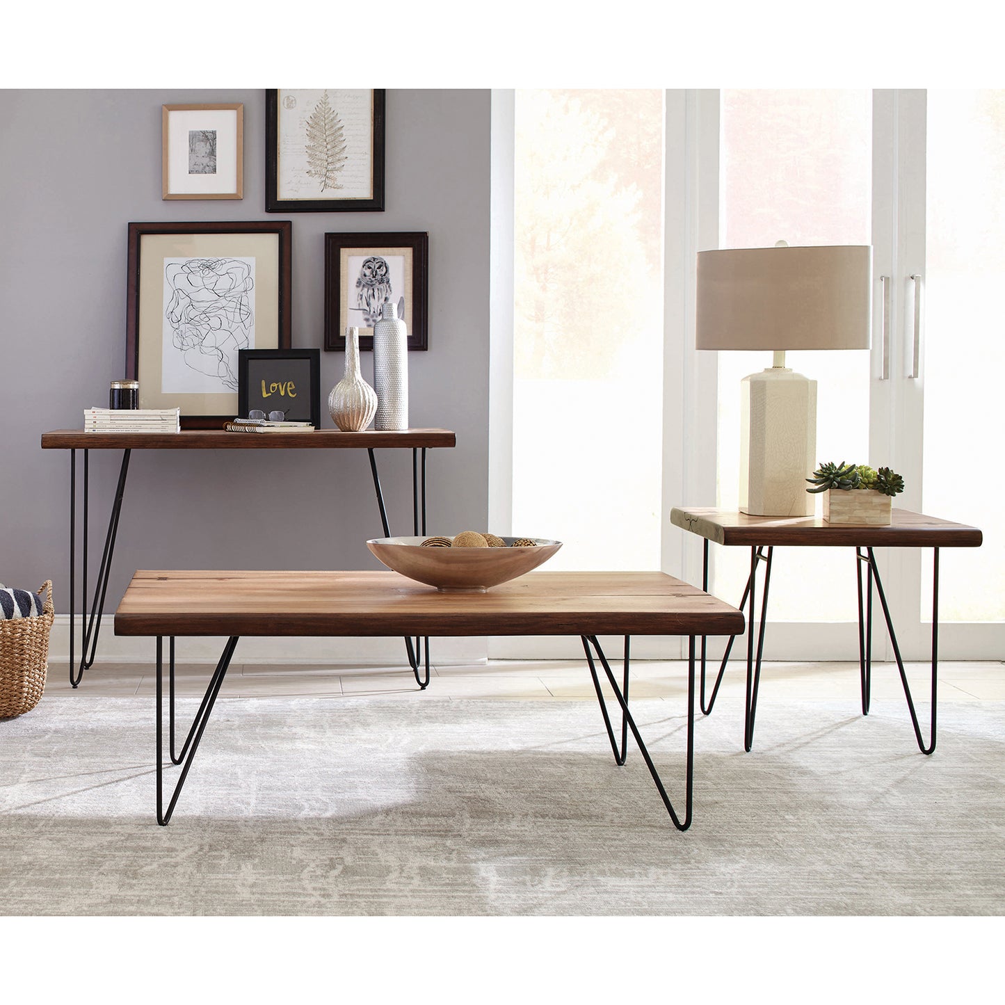 Sofa Table with Hairpin Legs Natural Honey and Gunmetal