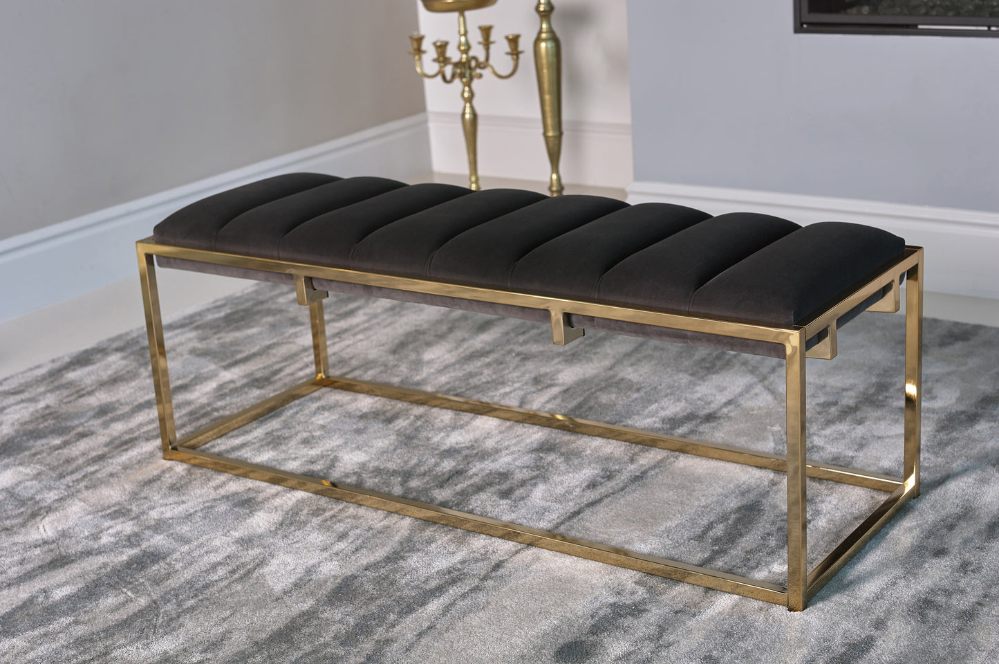 Channel Tufted Cushion Bench Dark Grey and Gold