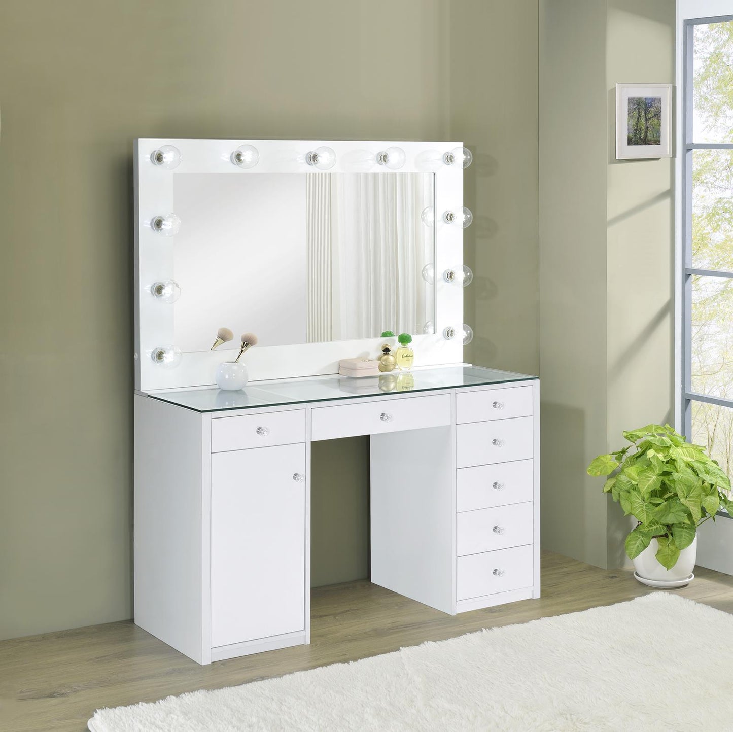 Percy 7-drawer Glass Top Vanity Desk with Lighting White