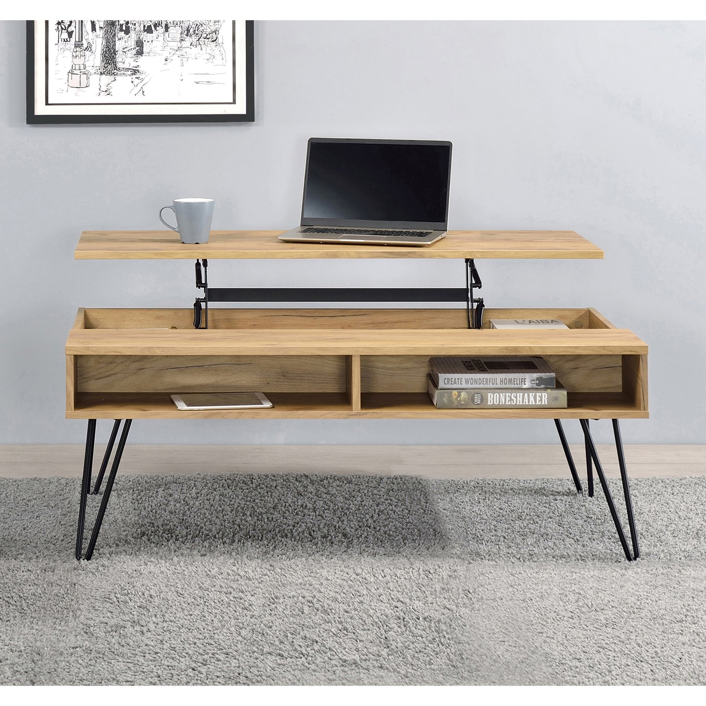 Lift Top Storage Coffee Table Golden Oak and Black