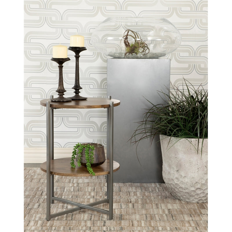 Round Accent Table with Open Shelf Natural and Gunmetal