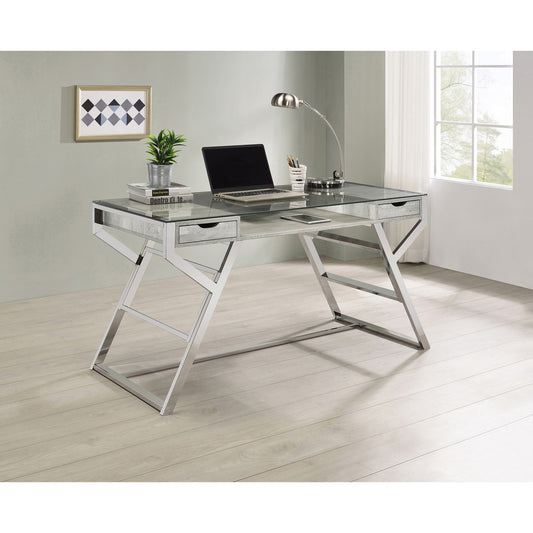 Emelle 2-drawer Glass Top Writing Desk Grey Driftwood and Chrome