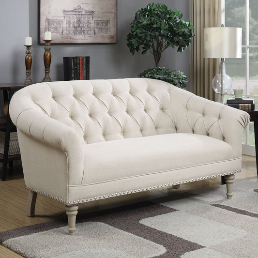 Tufted Back Settee with Roll Arm Natural