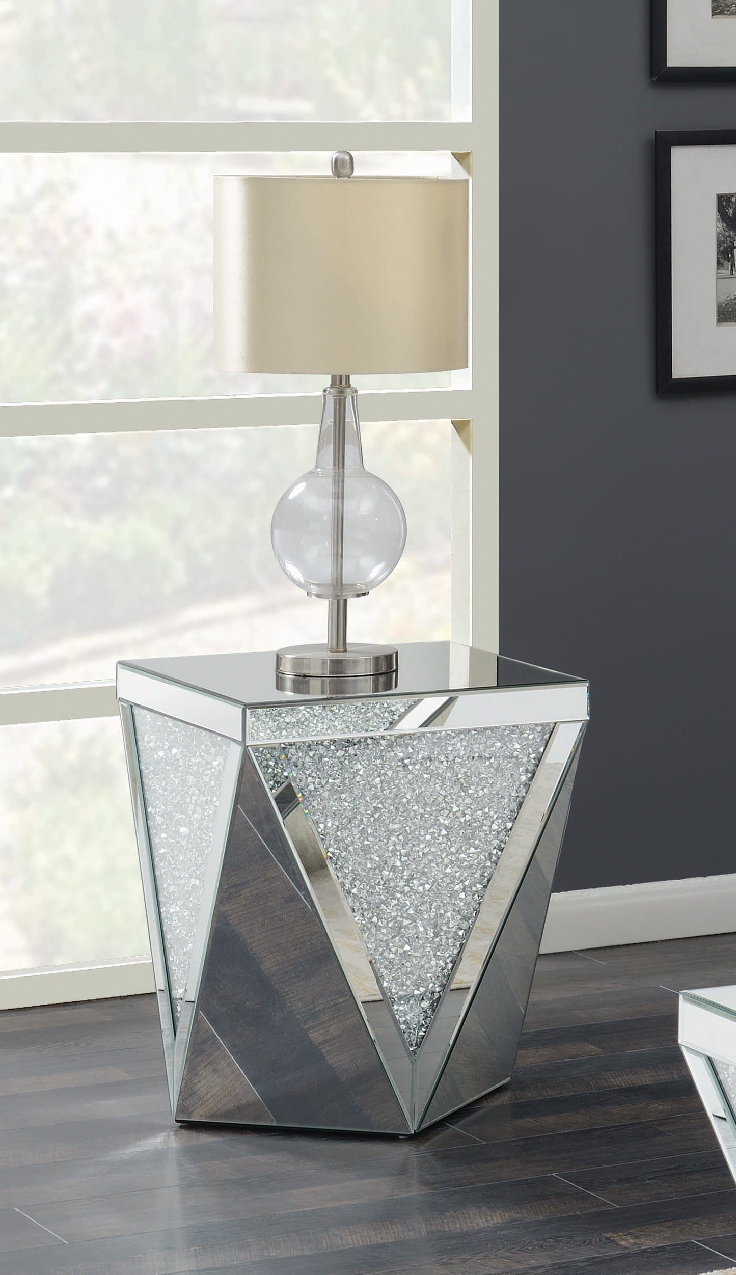 Square End Table with Triangle Detailing Silver and Clear Mirror