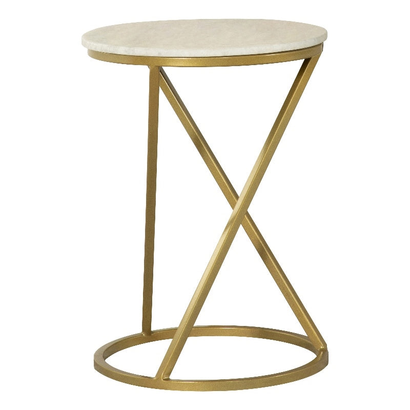 Round Accent Table with Marble Top White and Antique Gold