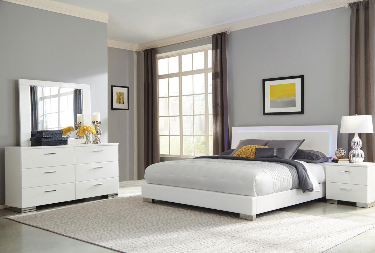 Felicity Bedroom Set with LED Light Headboard Glossy White