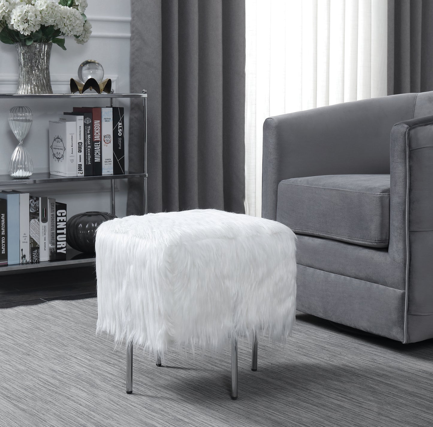 Faux Sheepskin Square Ottoman White