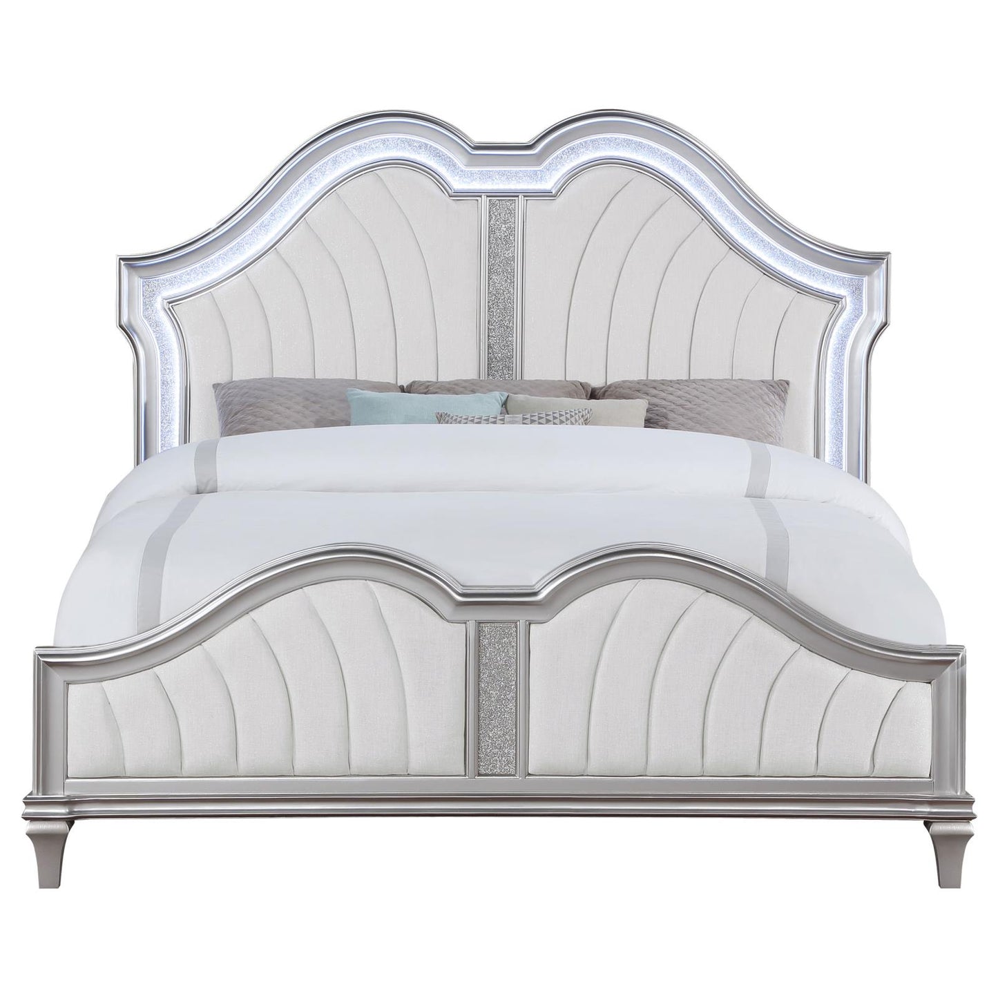 Evangeline Tufted Upholstered Platform Eastern King Bed Ivory and Silver Oak