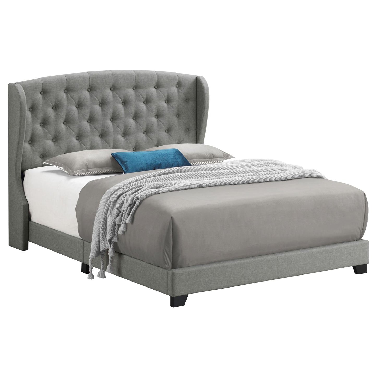 Krome Eastern King Upholstered Bed with Demi-wing Headboard Smoke