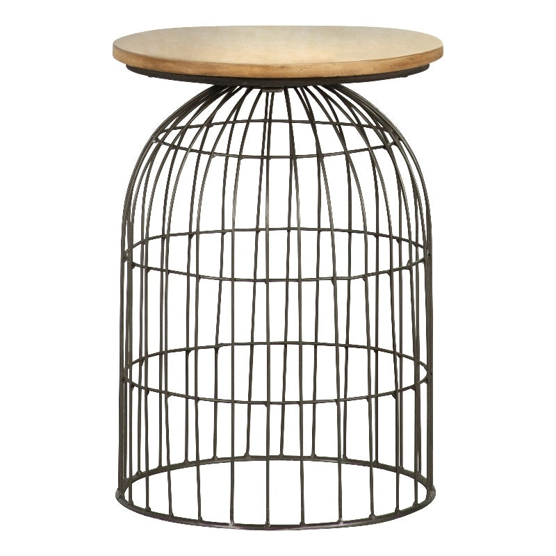 Round Accent Table with Bird Cage Base Natural and Gunmetal
