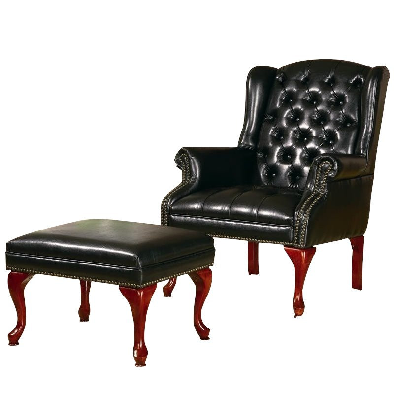 Button Tufted Back Accent Chair with Ottoman Black and Espresso