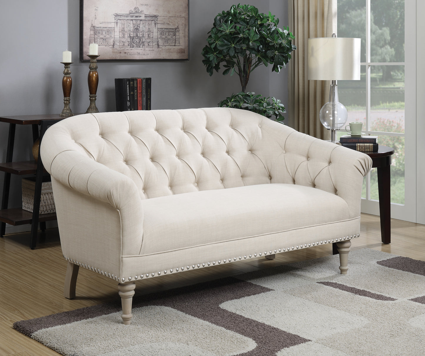 Tufted Back Settee with Roll Arm Natural