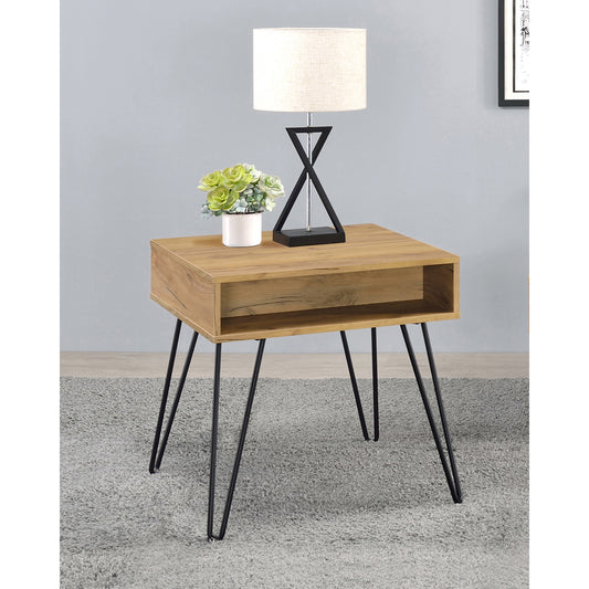 Square End Table with Open Compartment Golden Oak and Black