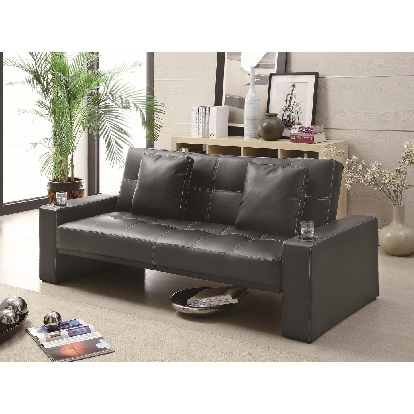 Spears Sofa Bed with Cup Holders in Armrests Black