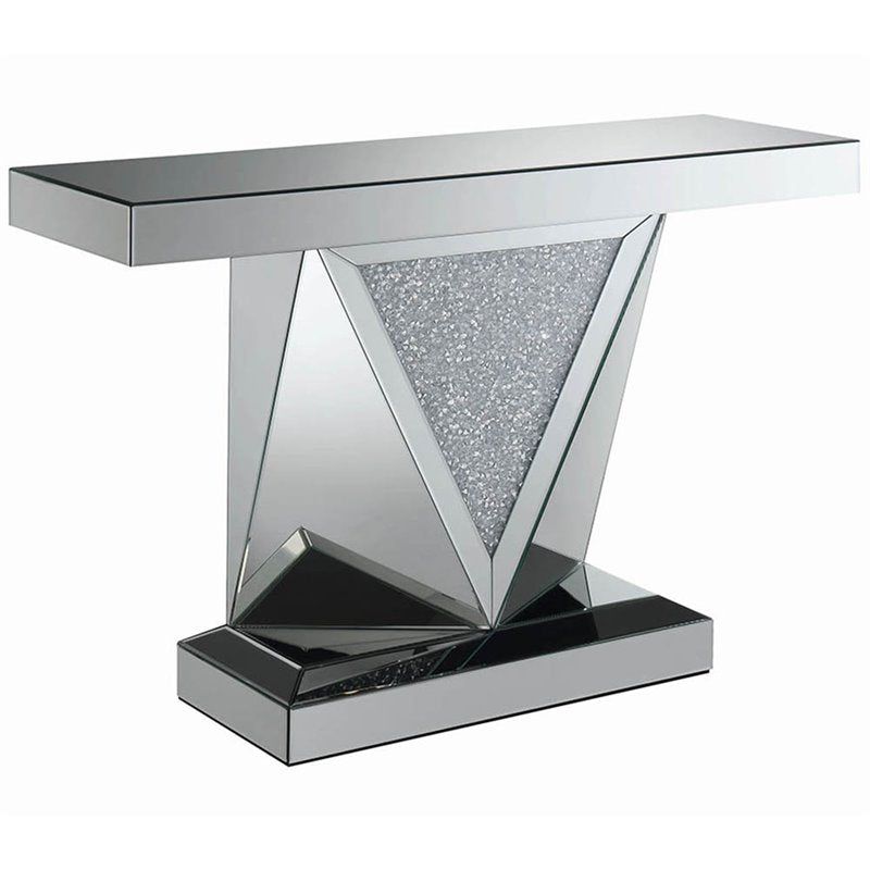 Rectangular Sofa Table with Triangle Detailing Silver and Clear Mirror