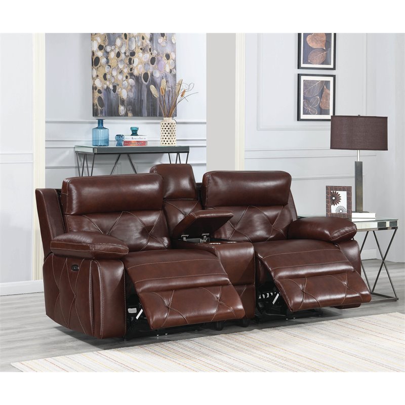 Chester Upholstered Power Reclining Seat and Power Headrest Loveseat with Console Chocolate