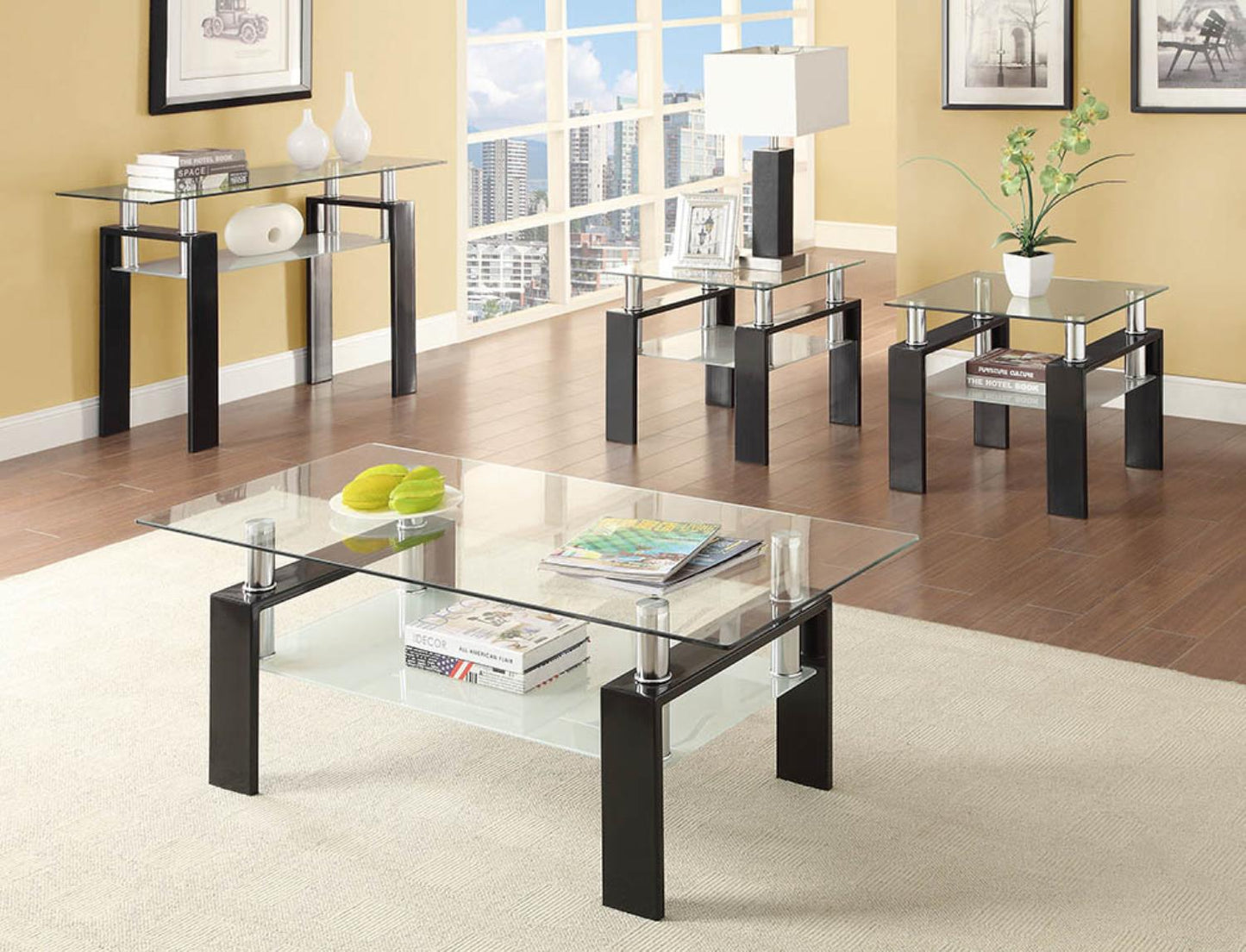 Tempered Glass Sofa Table with Shelf Black