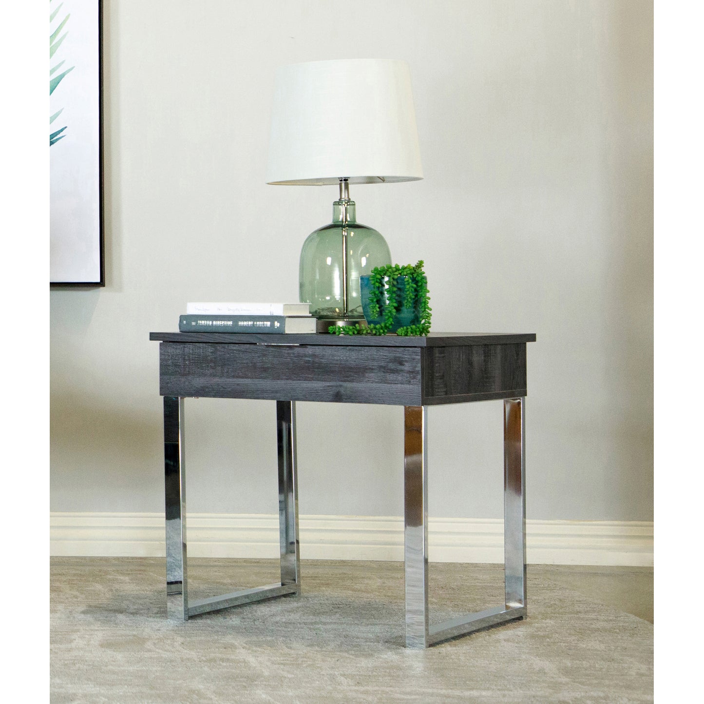 Square 1-drawer End Table Dark Charcoal and Chrome