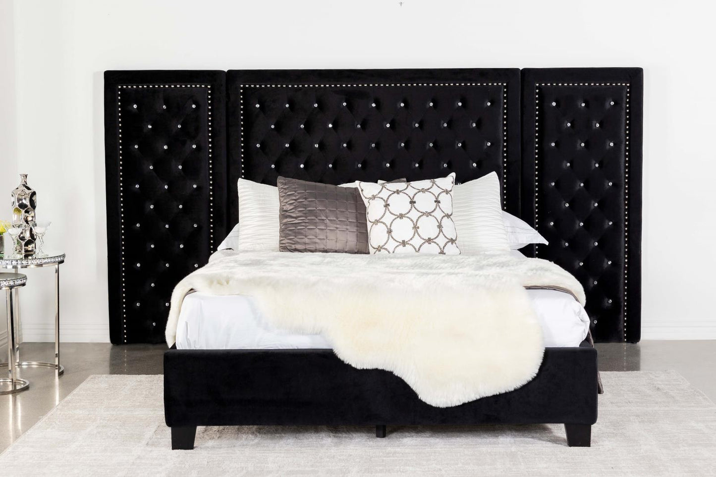 Hailey Upholstered Platform Eastern King Bed with Wall Panel Black