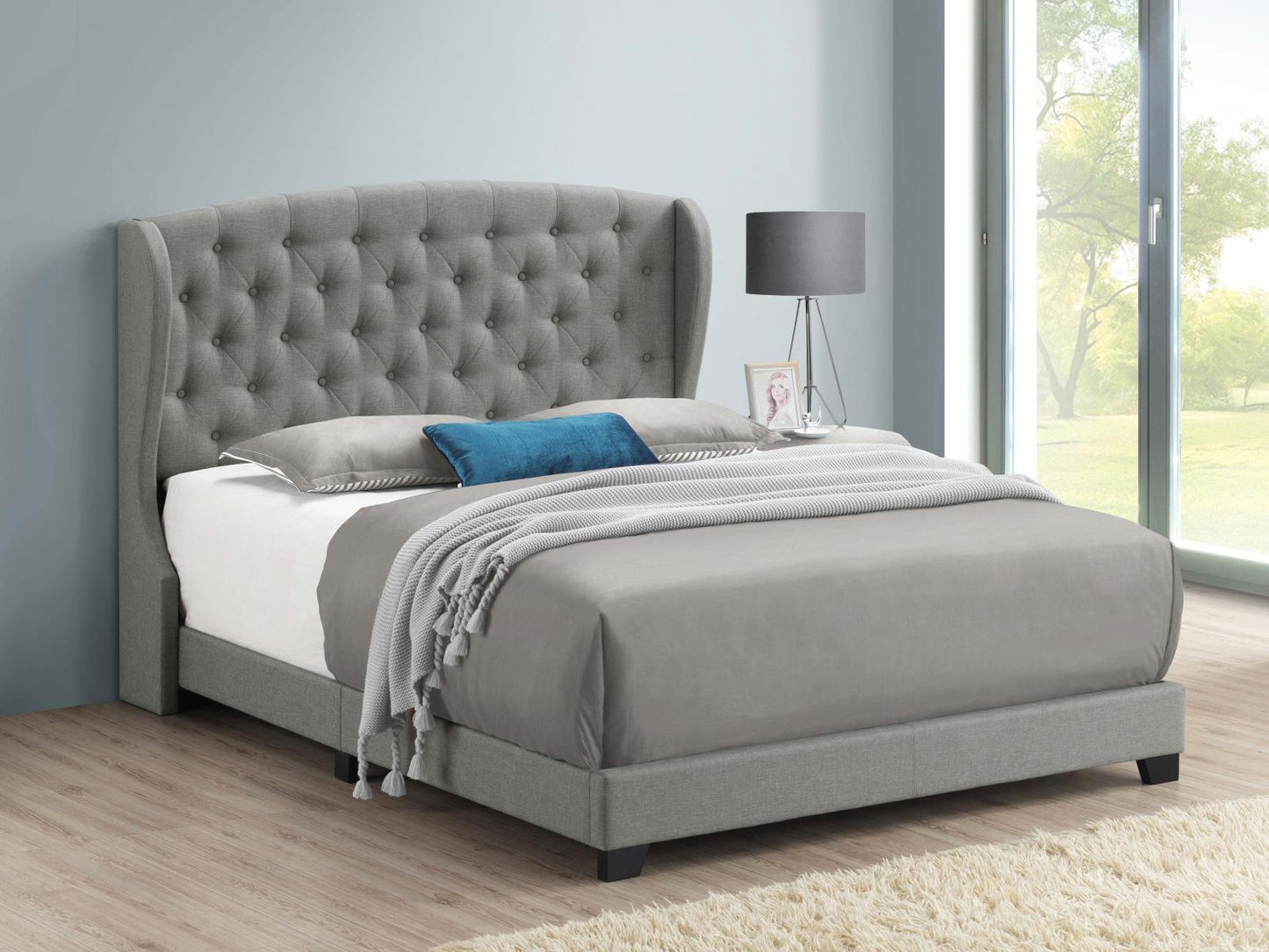 Krome Eastern King Upholstered Bed with Demi-wing Headboard Smoke