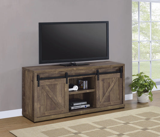 59-inch 3-shelf Sliding Doors TV Console Rustic Oak