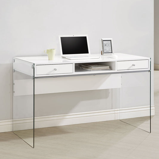 Dobrev 2-drawer Writing Desk Glossy White and Clear