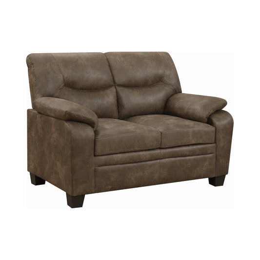 Meagan Upholstered Loveseat Brown with Pillow Top Arms