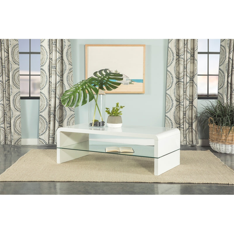 Rectangular Coffee Table with Glass Shelf White High Gloss