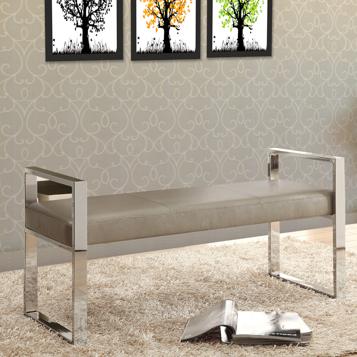 Upholstered Bench Champagne and Chrome