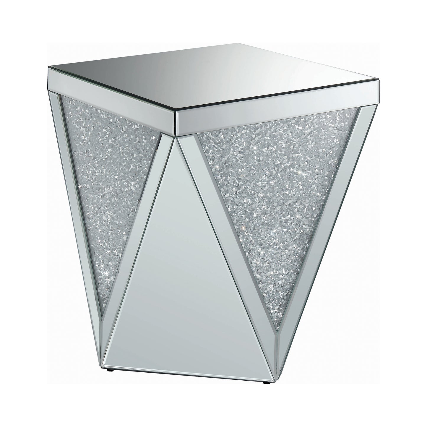 Square End Table with Triangle Detailing Silver and Clear Mirror