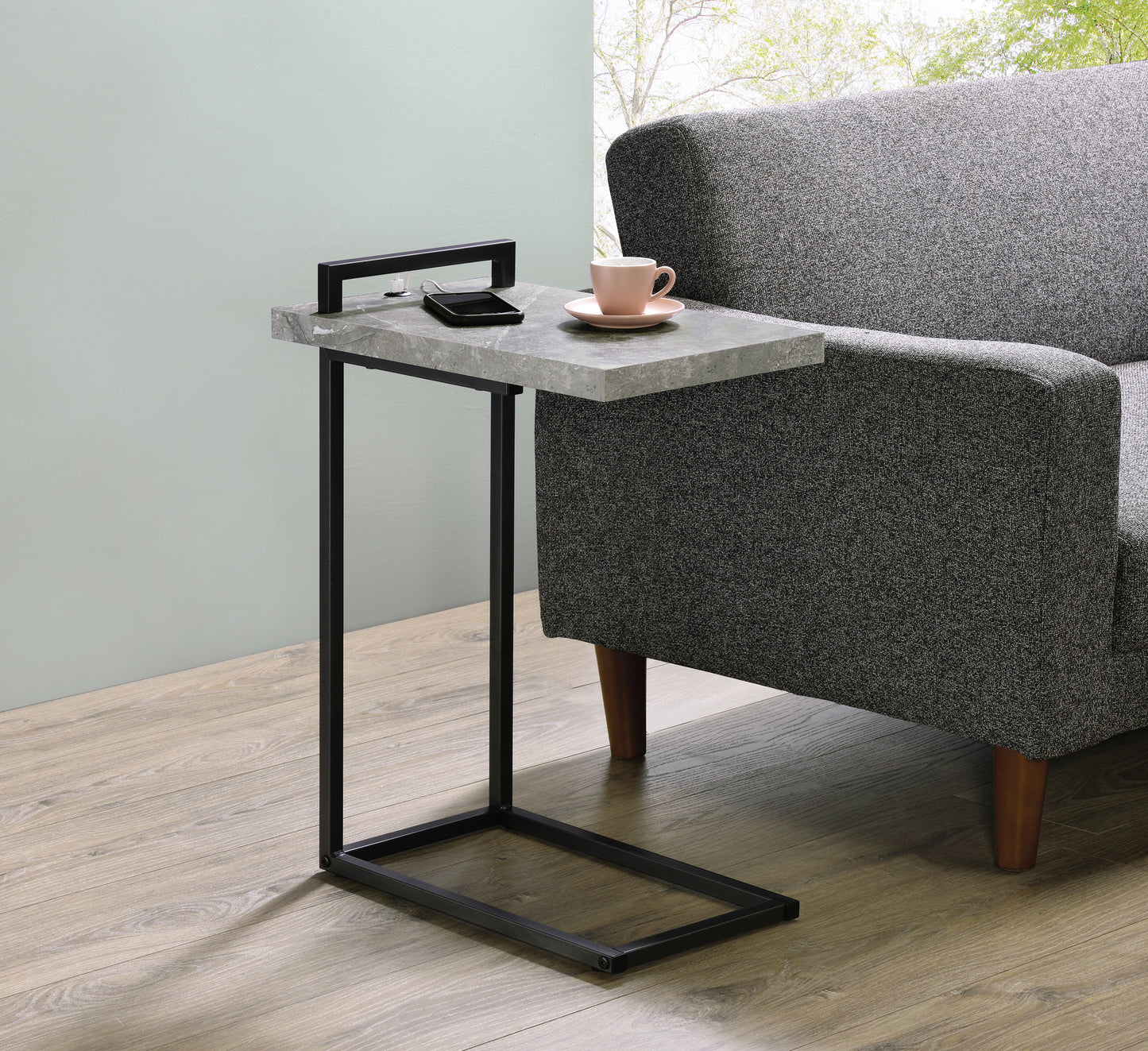 C-shaped Accent Table Cement and Gunmetal