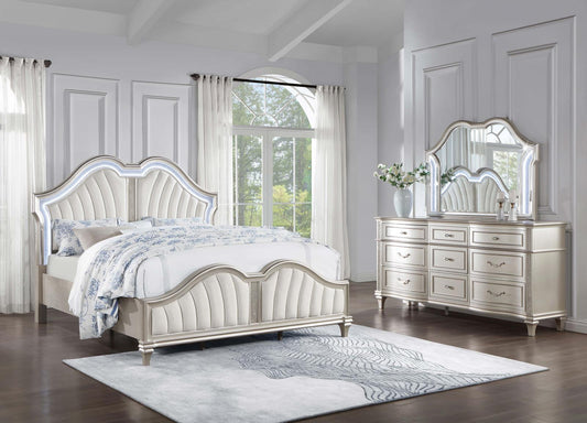 Evangeline 3-piece Upholstered Platform Queen Bedroom Set Ivory and Silver Oak