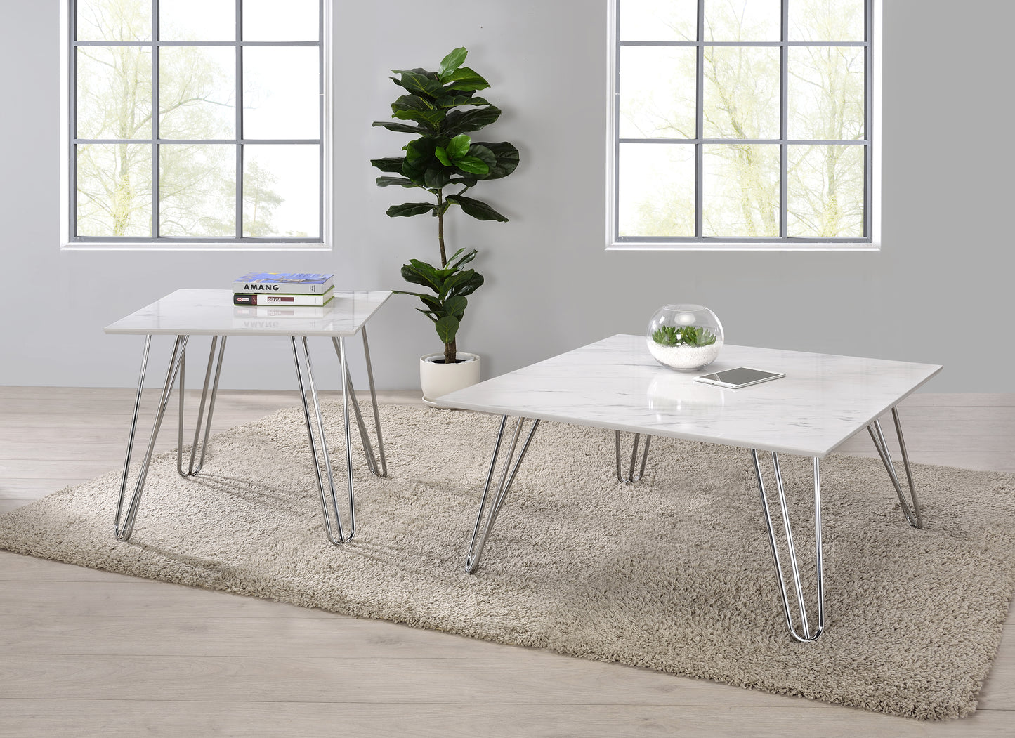 Hairpin Leg Square End Table White and Chrome