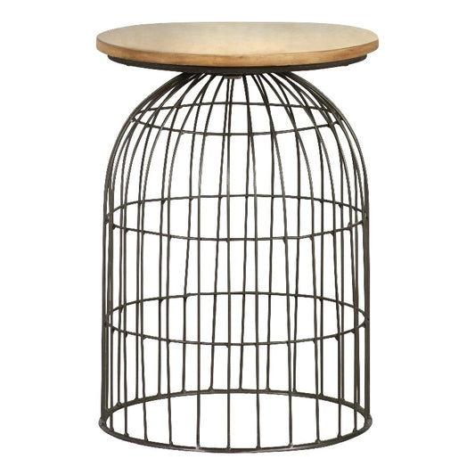 Round Accent Table with Bird Cage Base Natural and Gunmetal