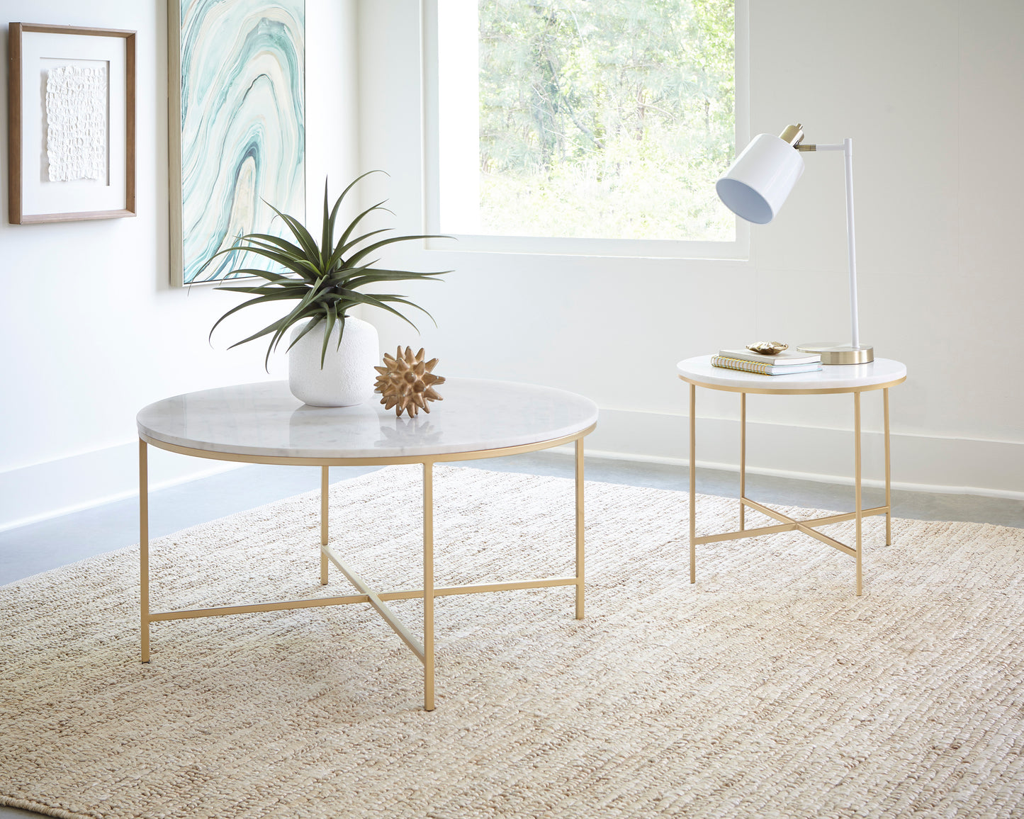 Round X-cross End Table White and Gold