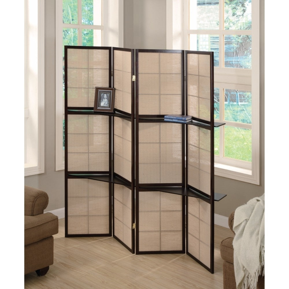 4-panel Folding Screen with Removable Shelves Tan and Cappuccino
