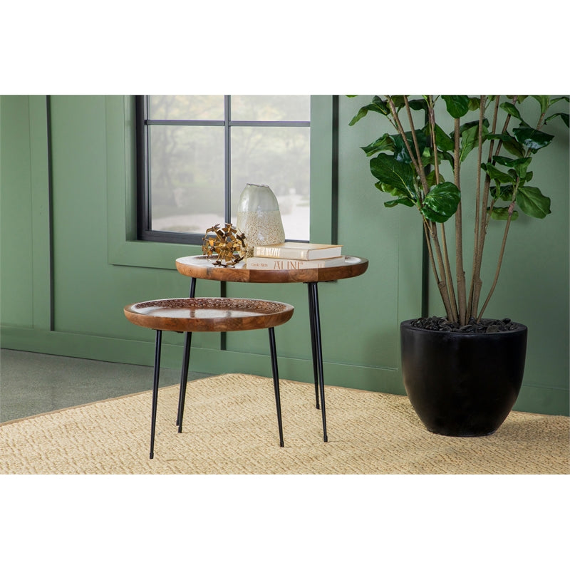 2-piece Round Nesting Table with Tripod Tapered Legs Honey and Black