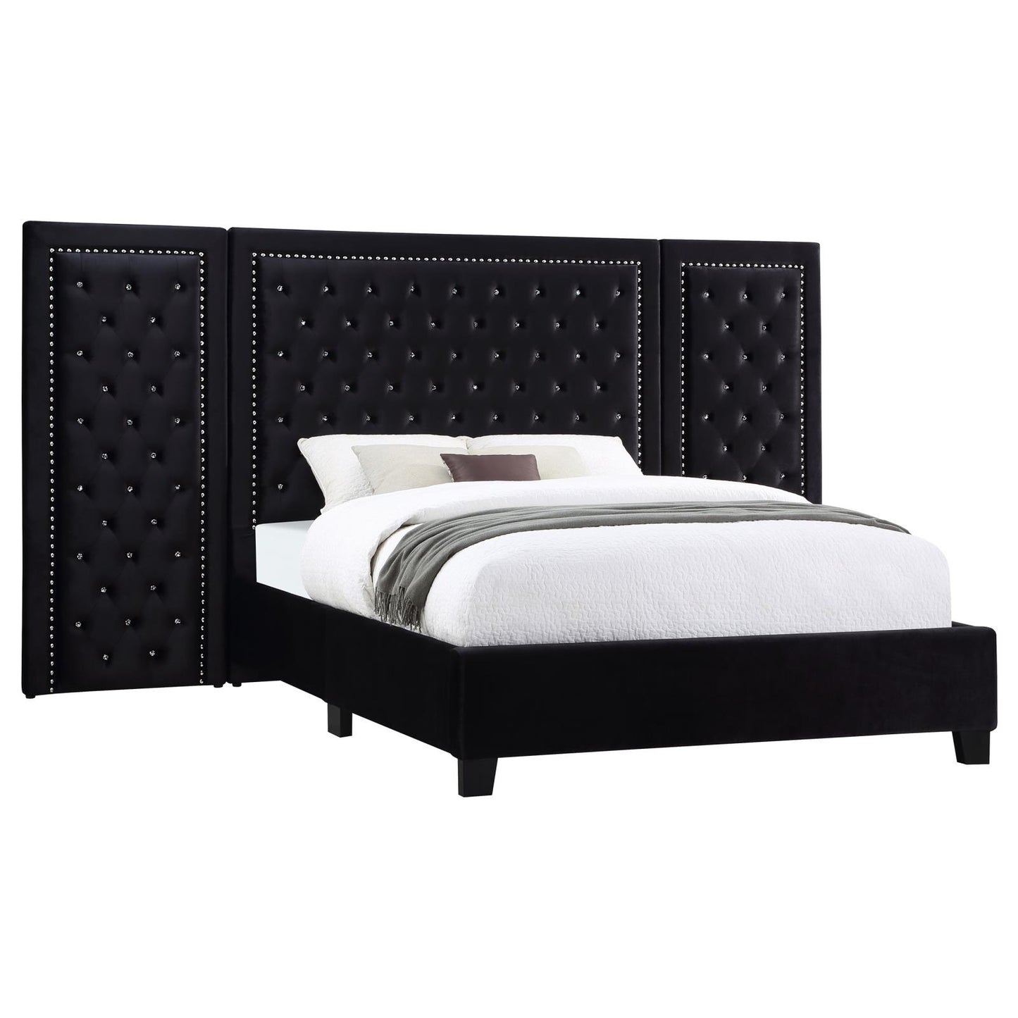 Hailey Upholstered Platform Eastern King Bed with Wall Panel Black