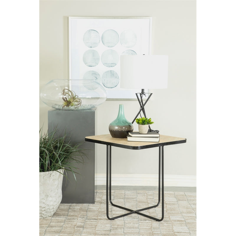 Square Accent Table Travertine and Black