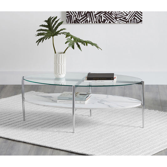 Round Glass Top Coffee Table White and Chrome