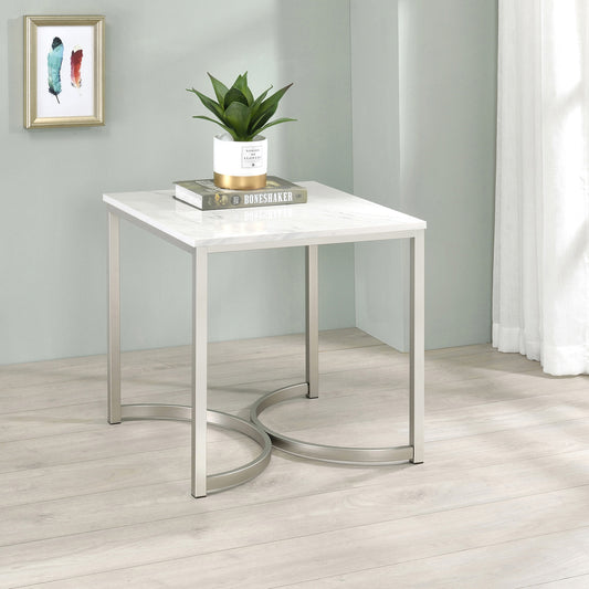 Faux Marble Square End Table White and Satin Nickel