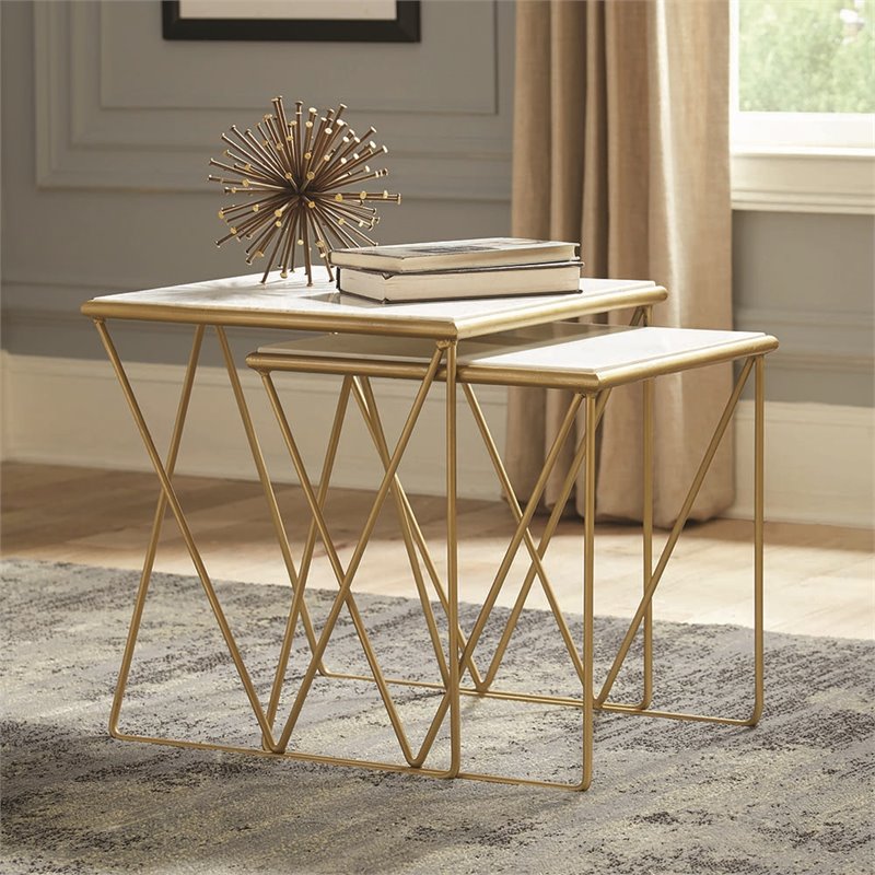 2-piece Nesting Table Set White and Gold