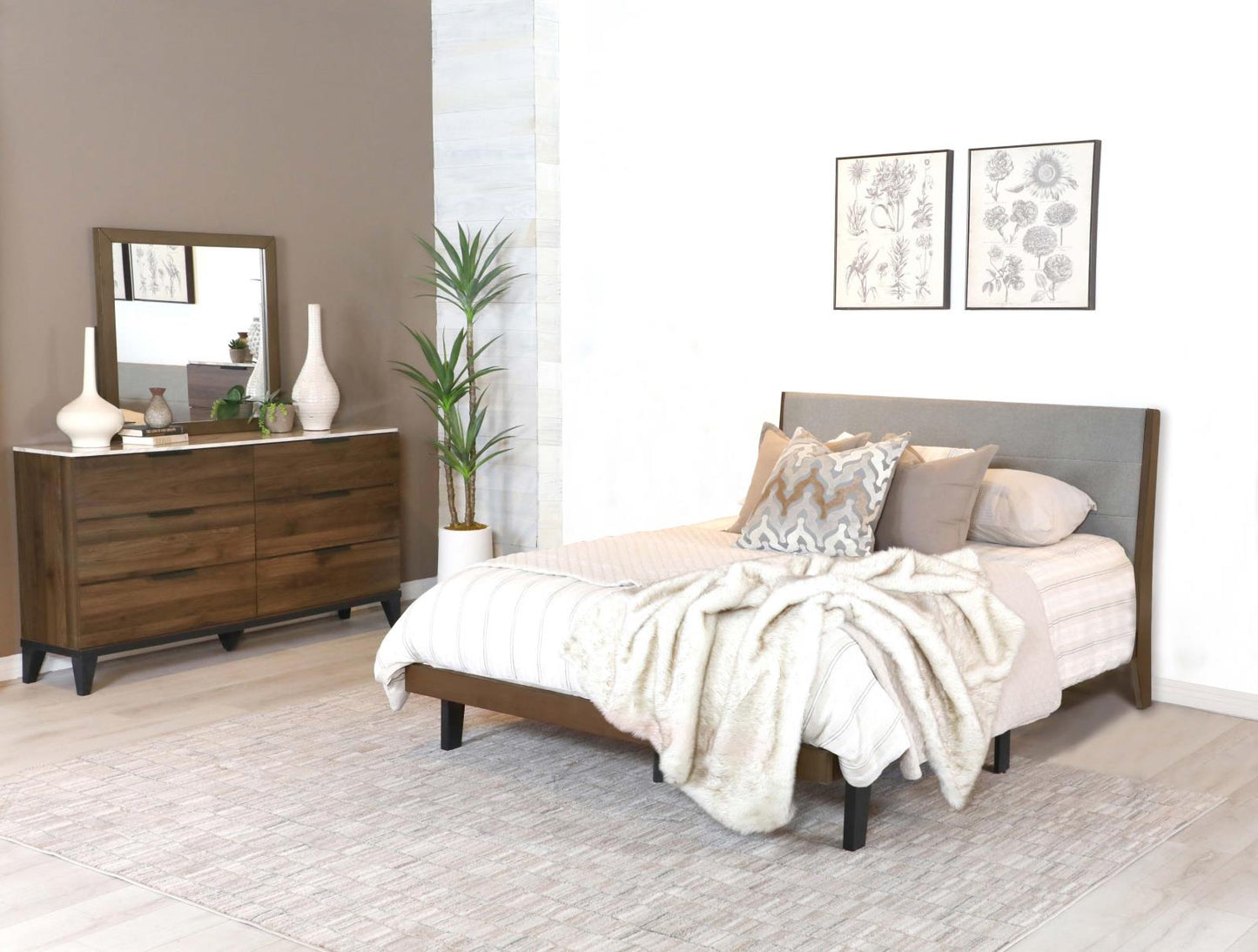 Mays 3-piece Upholstered Queen Bedroom Set Walnut Brown and Grey
