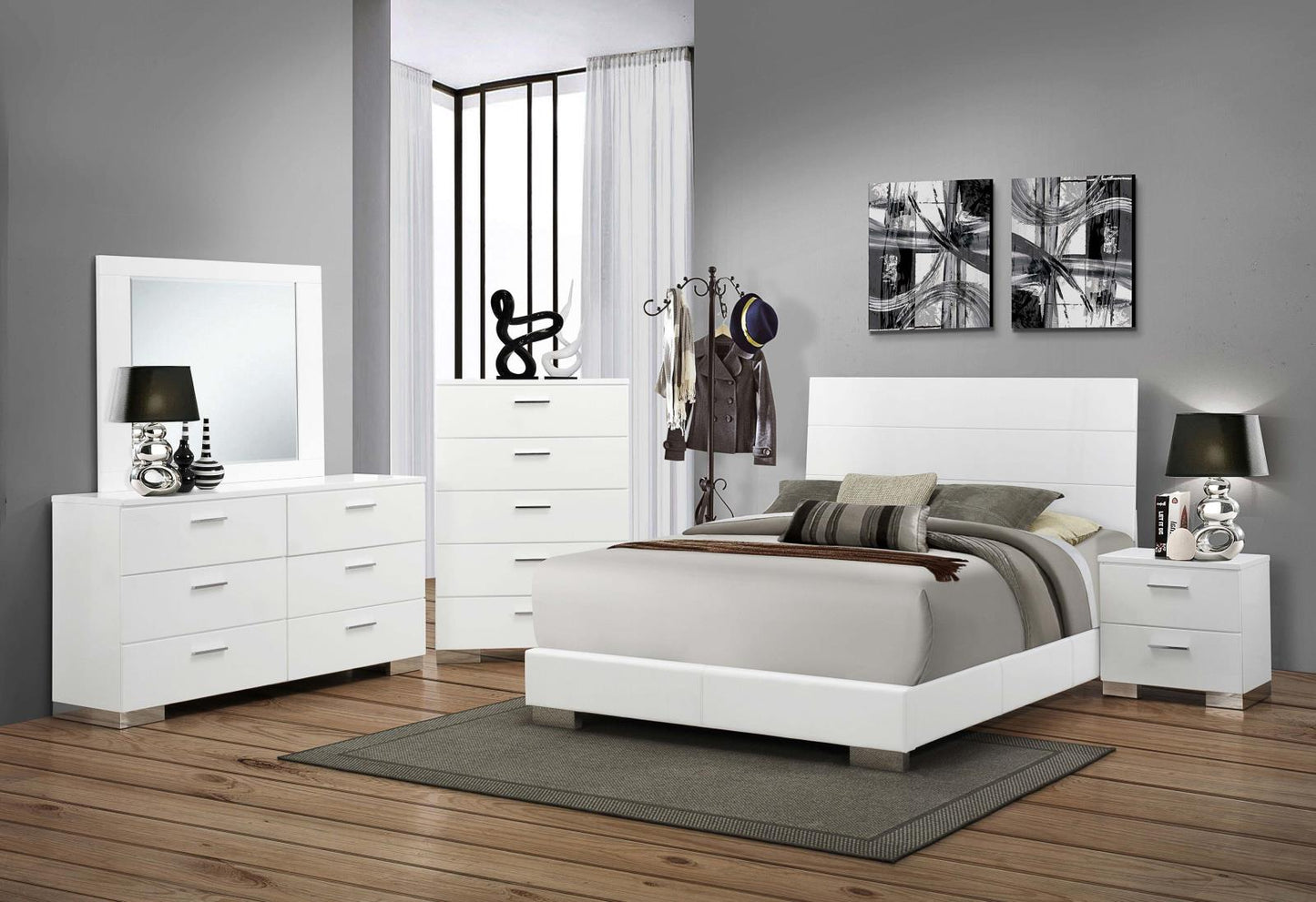 Felicity 6-piece Bedroom Set Glossy White with Plank Headboard