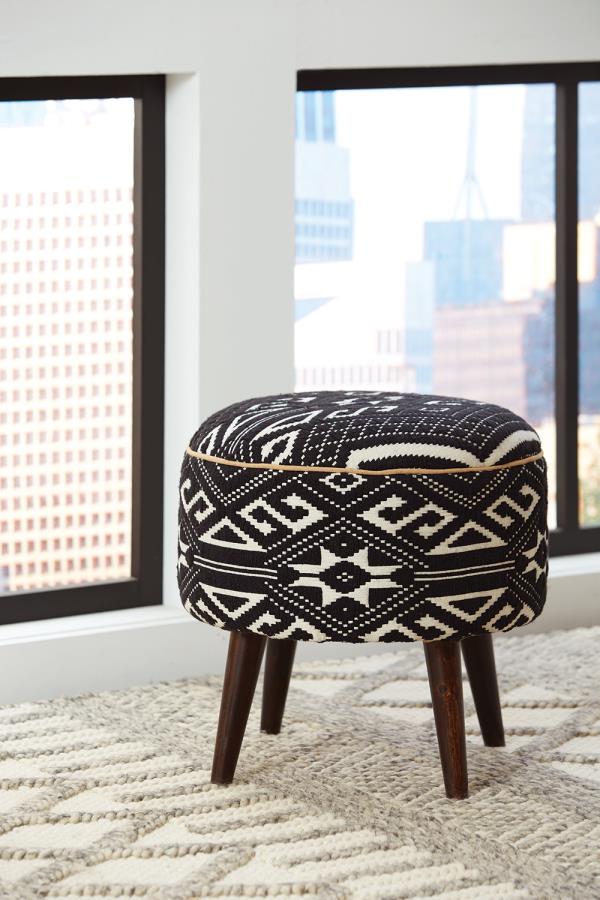 Round Upholstered Ottoman Black and White